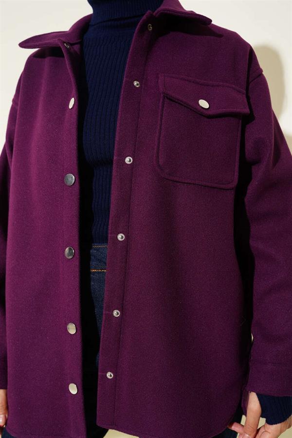 Snap Button Shirt Collar Cashmere Jacket Purple