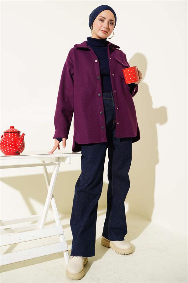 Snap Button Shirt Collar Cashmere Jacket Purple