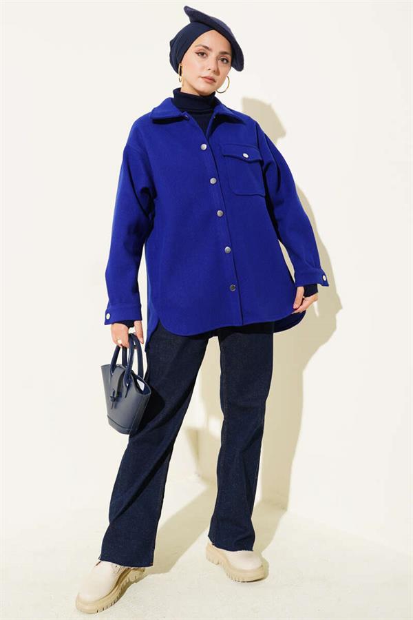 Snap Button Shirt Collar Cashmere Jacket in Saxe