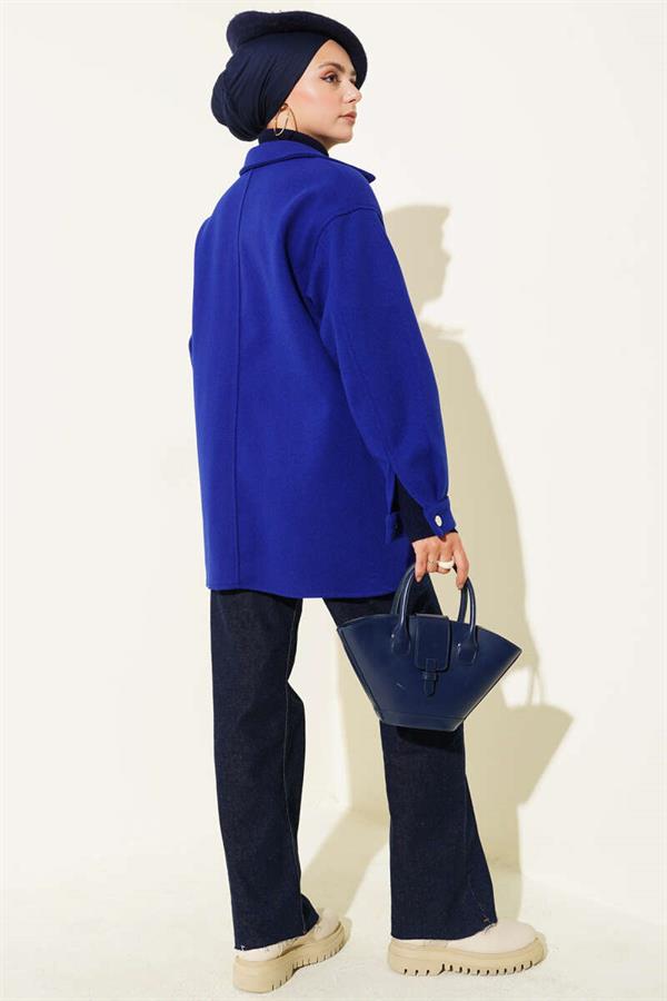 Snap Button Shirt Collar Cashmere Jacket in Saxe