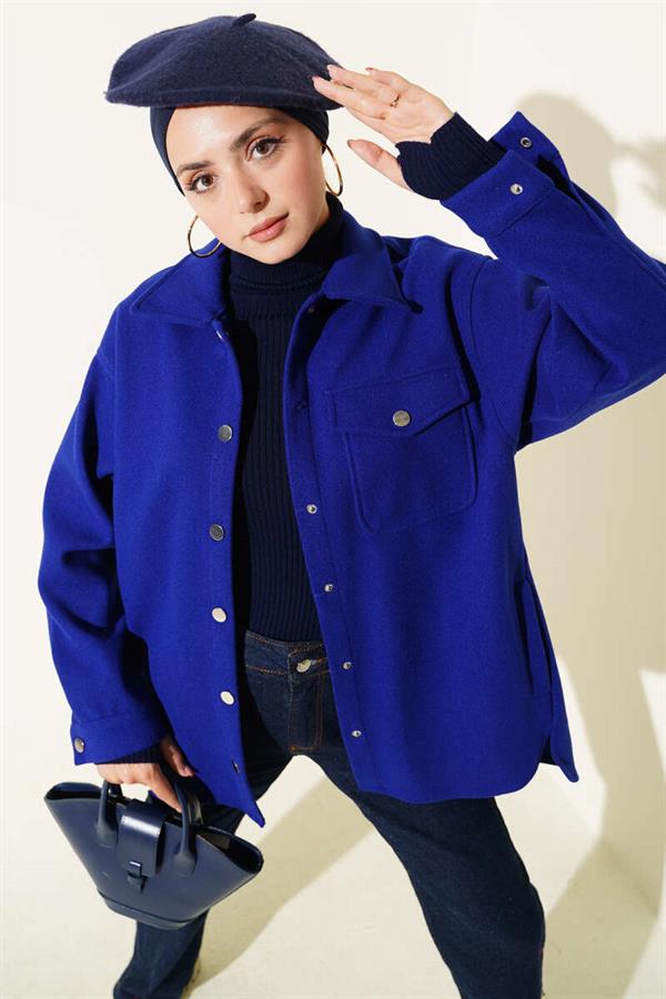Snap Button Shirt Collar Cashmere Jacket in Saxe