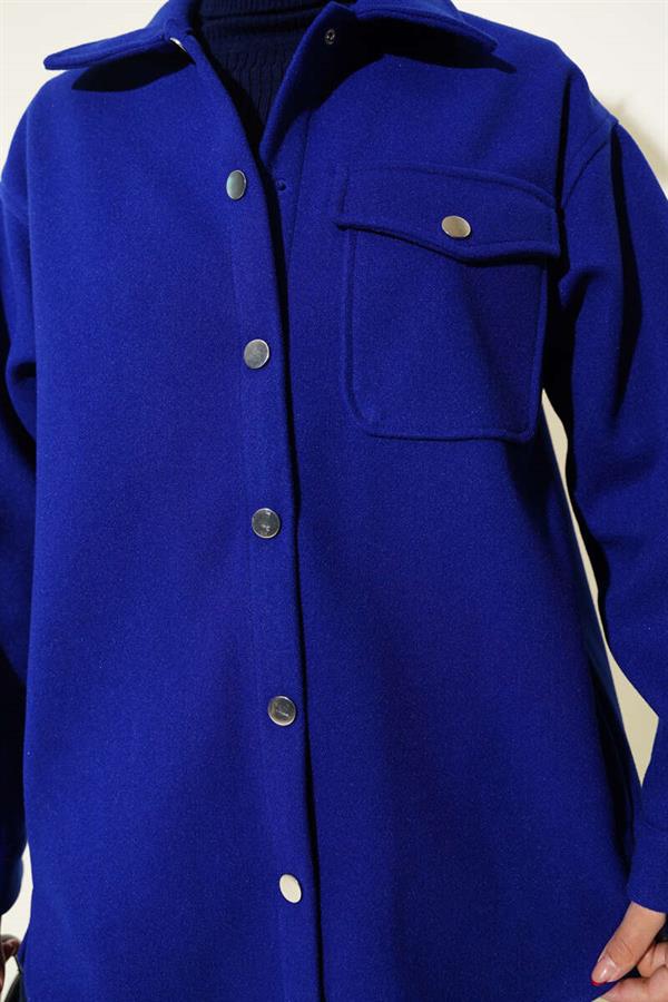 Snap Button Shirt Collar Cashmere Jacket in Saxe