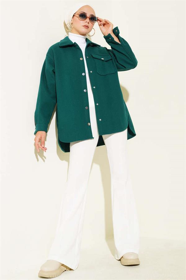 Snap Button Shirt Collar Cashmere Jacket Emerald