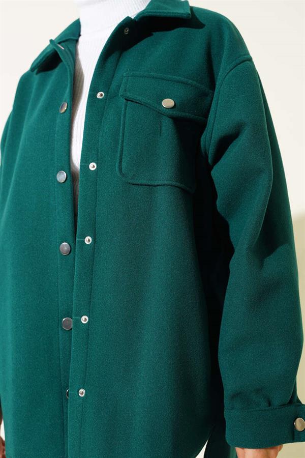 Snap Button Shirt Collar Cashmere Jacket Emerald