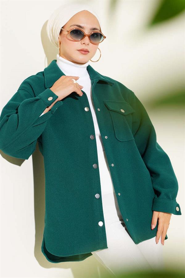 Snap Button Shirt Collar Cashmere Jacket Emerald