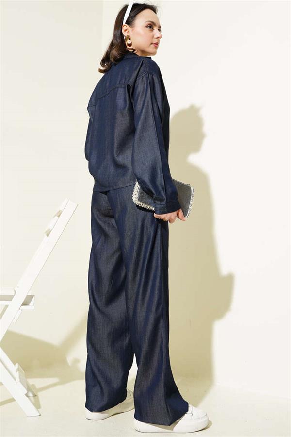 Snap Button Tencel Denim 2 Piece Set Navy Blue