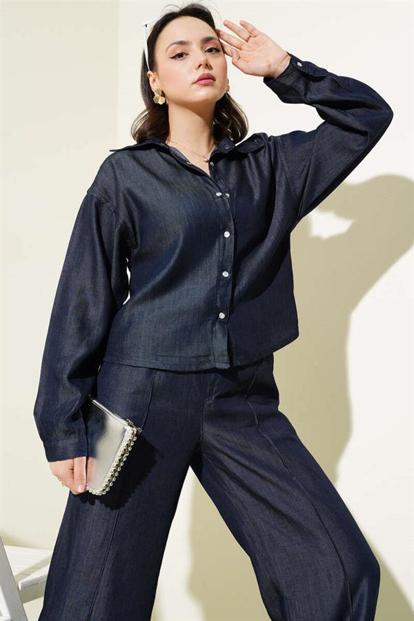 Snap Button Tencel Denim 2 Piece Set Navy Blue