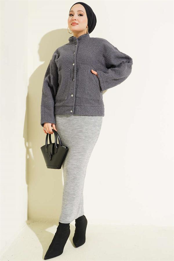 Snap-Front Boucle Pocket Jacket in Smoke