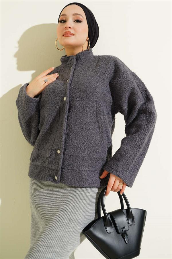 Snap-Front Boucle Pocket Jacket in Smoke