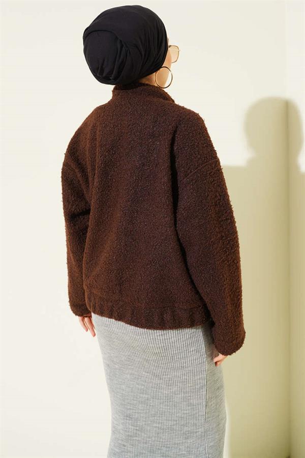 Snap-Front Boucle Pocket Jacket Brown