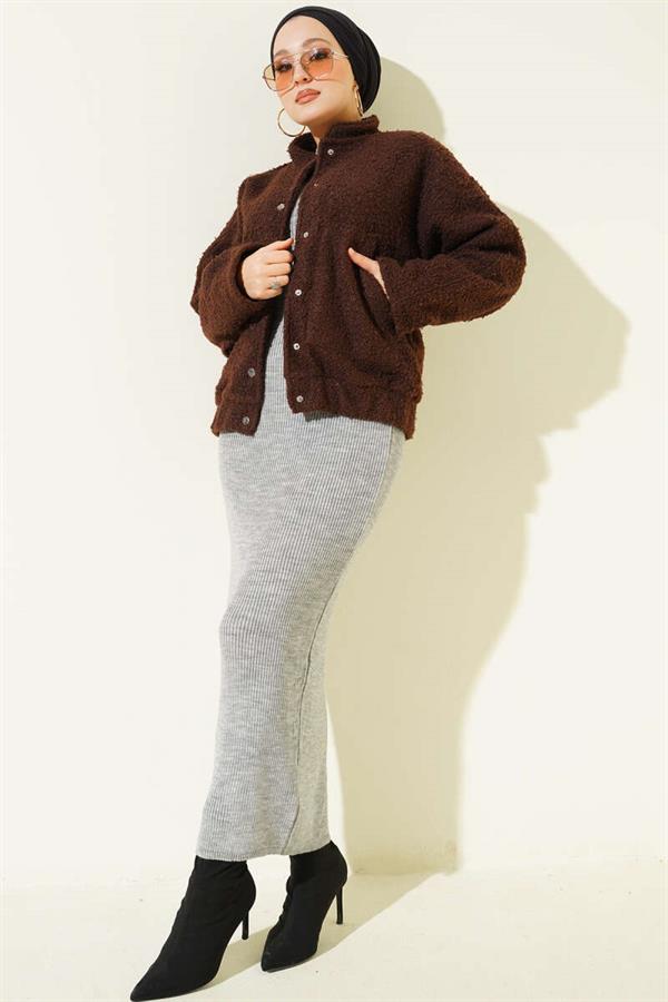 Snap-Front Boucle Pocket Jacket Brown