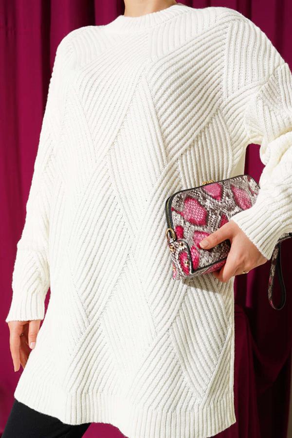 Striped Diamond Pattern Knitwear Tunic Ecru