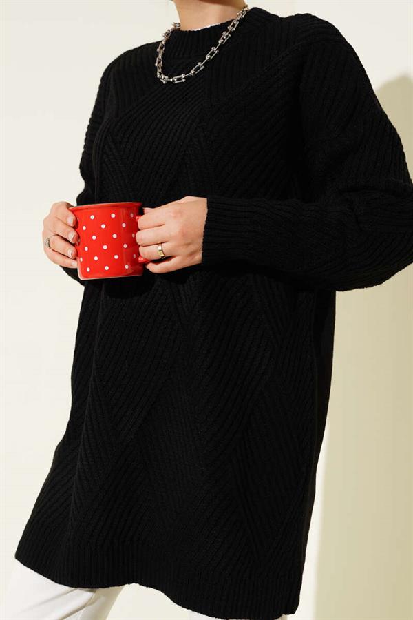 Striped Diamond Pattern Knitwear Tunic Black