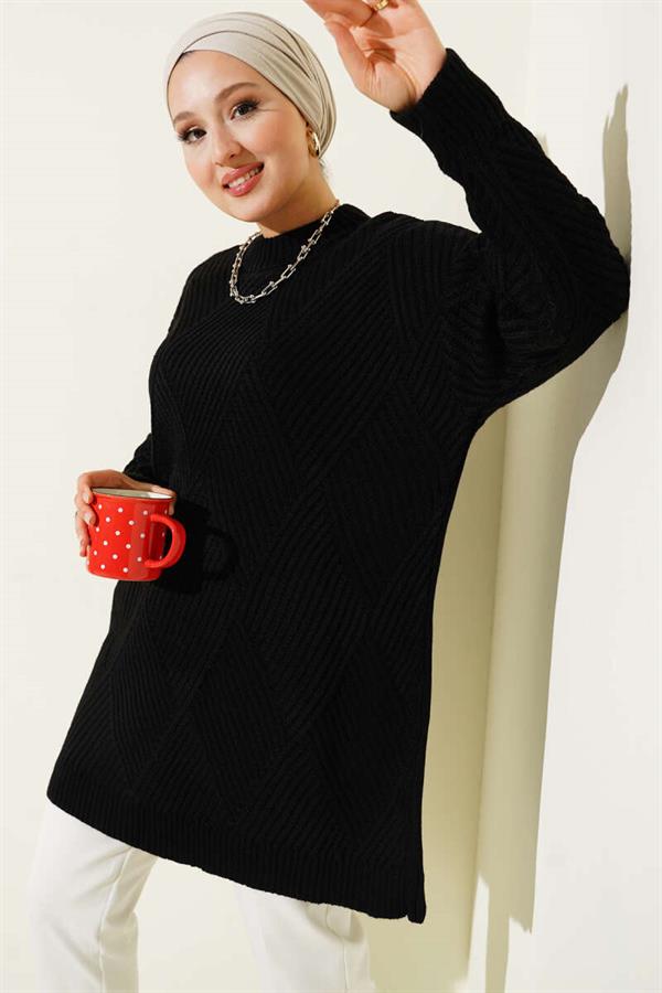 Striped Diamond Pattern Knitwear Tunic Black