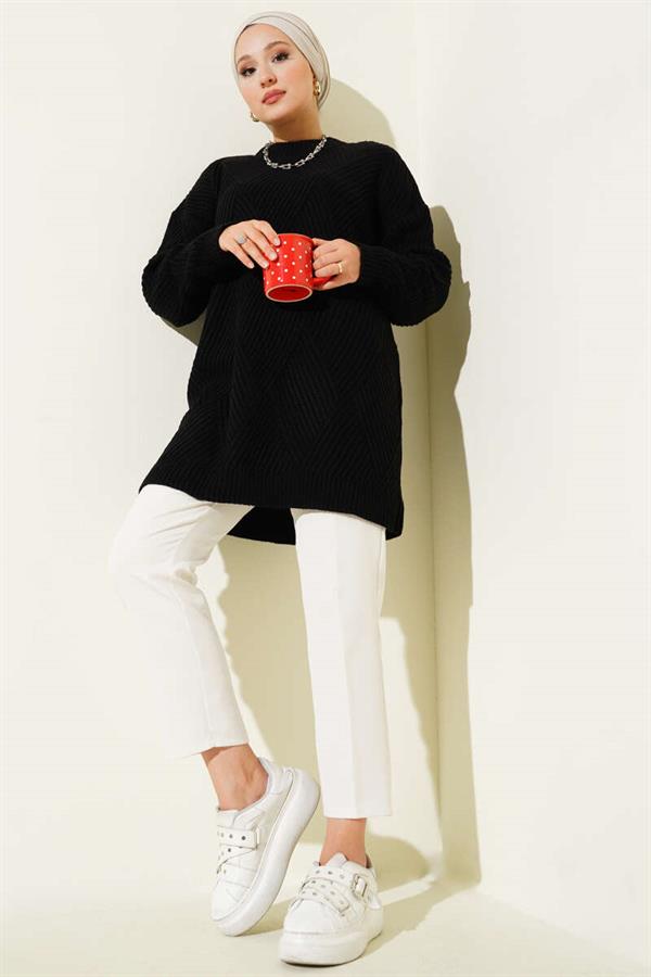 Striped Diamond Pattern Knitwear Tunic Black