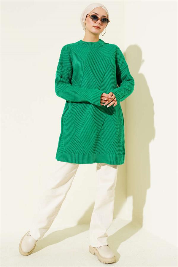 Striped Diamond Pattern Knitwear Tunic Emerald