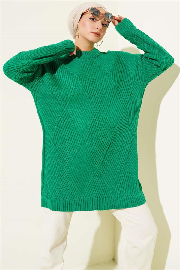 Striped Diamond Pattern Knitwear Tunic Emerald