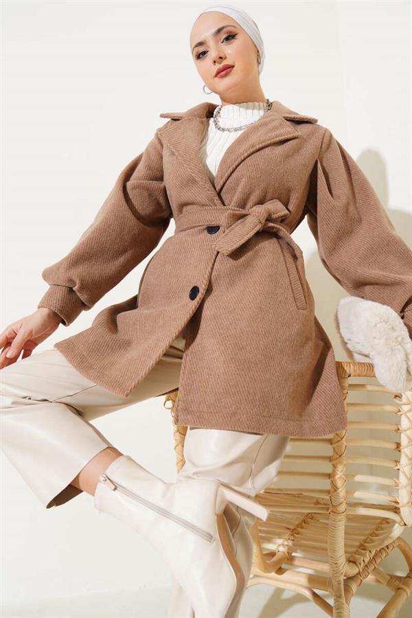 Stripe Pattern Belted Cashmere Coat Latte