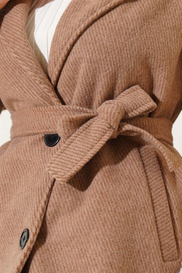 Stripe Pattern Belted Cashmere Coat Latte
