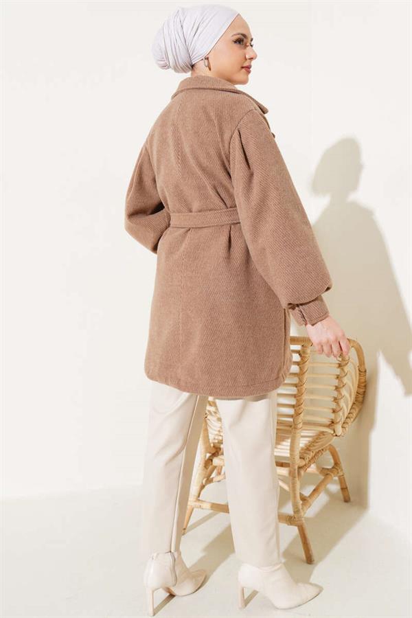 Stripe Pattern Belted Cashmere Coat Latte