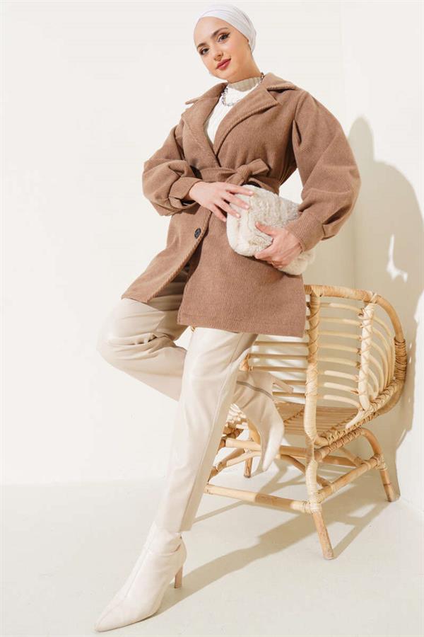 Stripe Pattern Belted Cashmere Coat Latte
