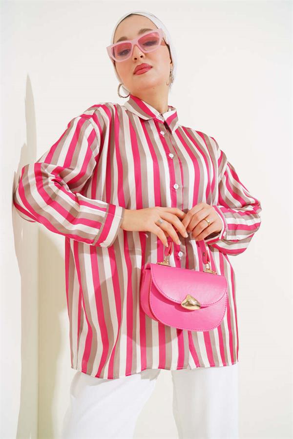 Stripe Pattern Satin Shirt Fuchsia