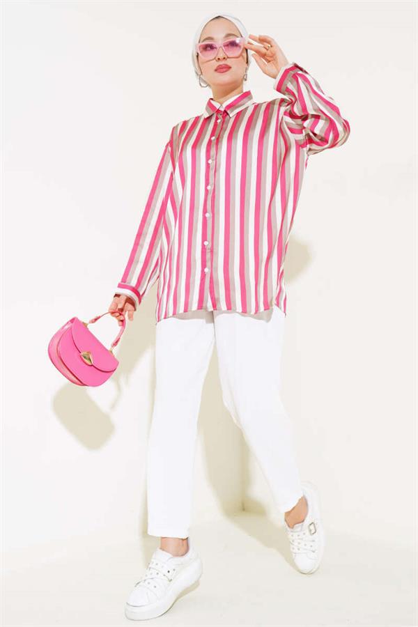 Stripe Pattern Satin Shirt Fuchsia