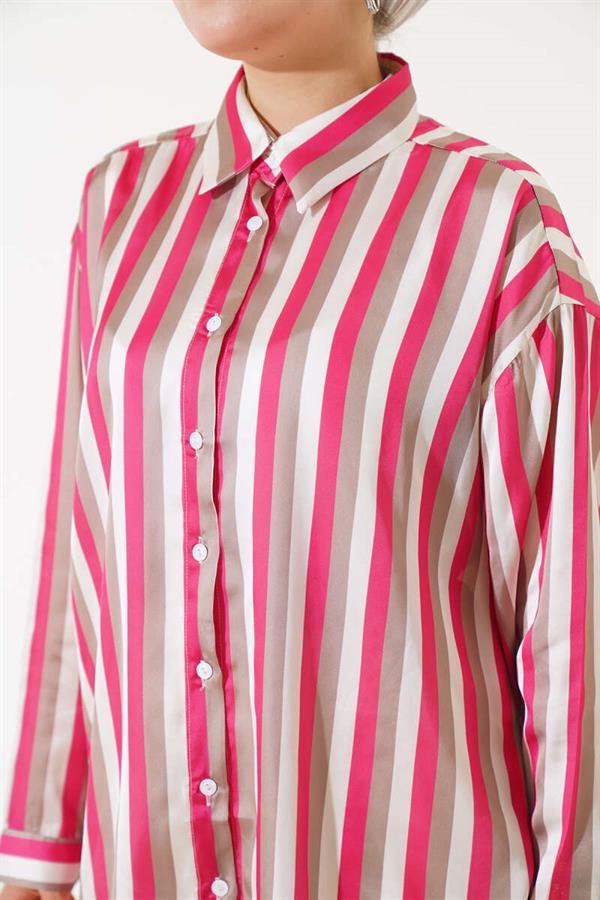 Stripe Pattern Satin Shirt Fuchsia