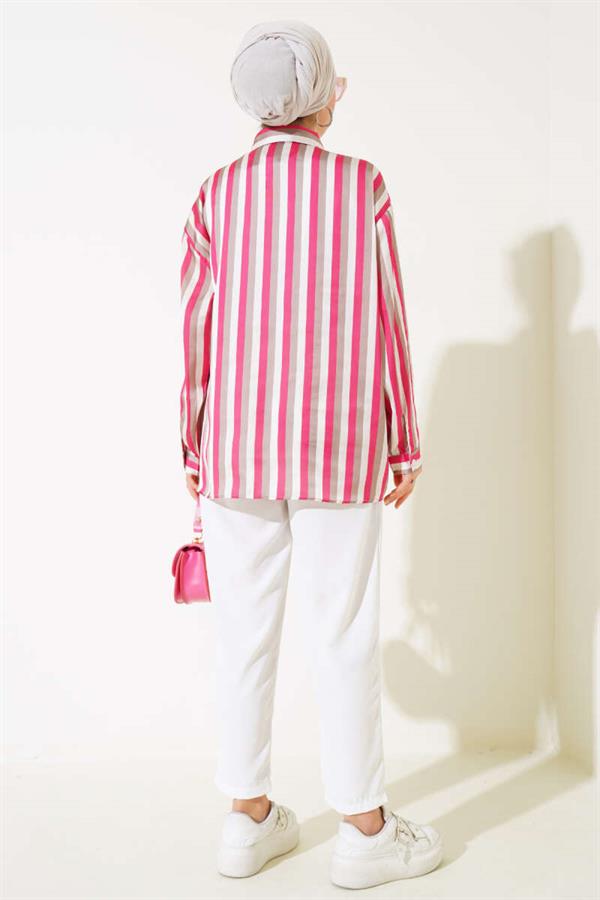 Stripe Pattern Satin Shirt Fuchsia