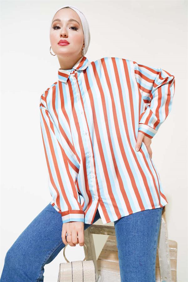Stripe Pattern Satin Shirt Blue