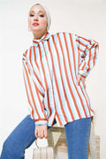 Stripe Pattern Satin Shirt Blue
