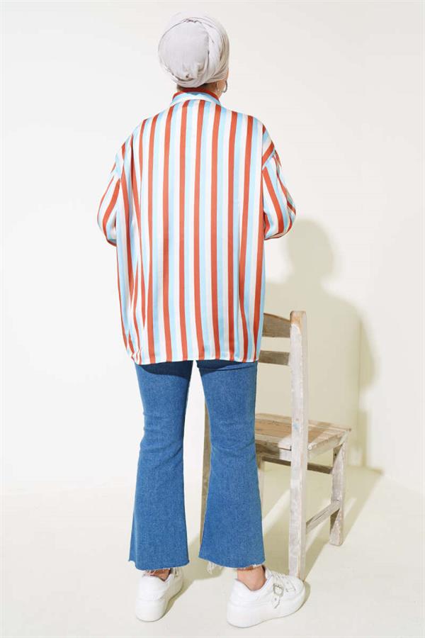 Stripe Pattern Satin Shirt Blue