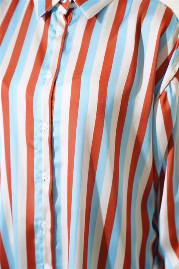 Stripe Pattern Satin Shirt Blue