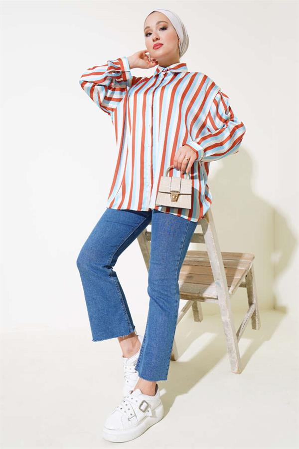 Stripe Pattern Satin Shirt Blue