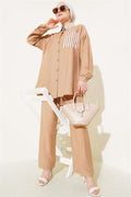 Striped Detailed Pocket Shirt 2 Piece Set Latte
