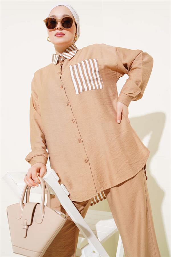 Striped Detailed Pocket Shirt 2 Piece Set Latte