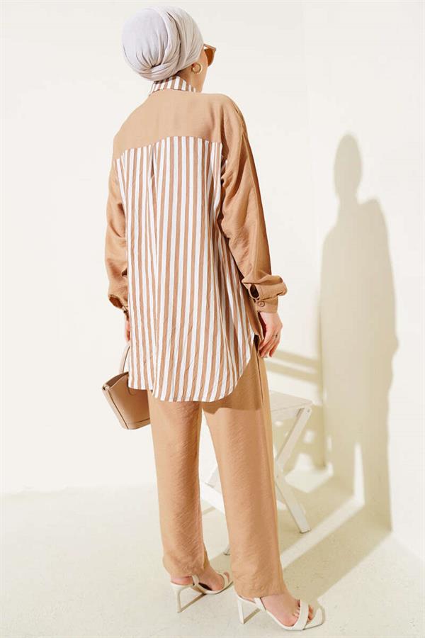 Striped Detailed Pocket Shirt 2 Piece Set Latte