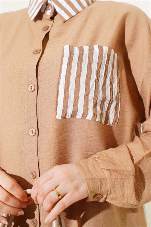 Striped Detailed Pocket Shirt 2 Piece Set Latte