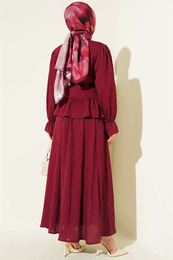 2 Piece Set with striped stitching and sequined skirt in burgundy.