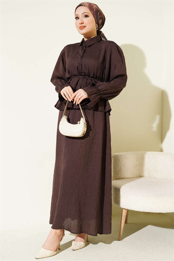 2 Piece Set with sequined skirt and striped detail, coffee brown.