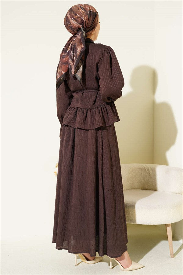2 Piece Set with sequined skirt and striped detail, coffee brown.