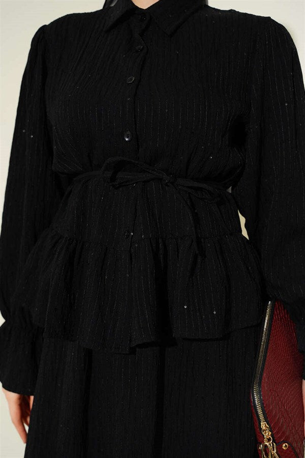 2 Piece Set with striped stitching and sequined skirt, black.
