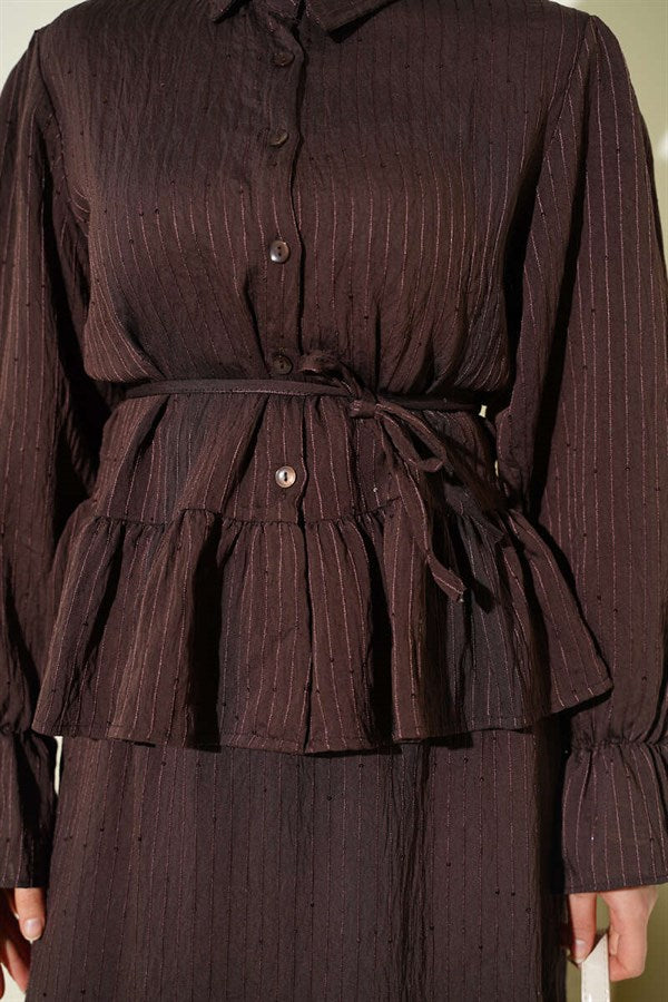 2 Piece Set with sequined skirt and striped detail, coffee brown.