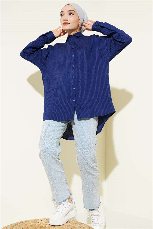 Striped Sequin Oversize Shirt, Navy Blue
