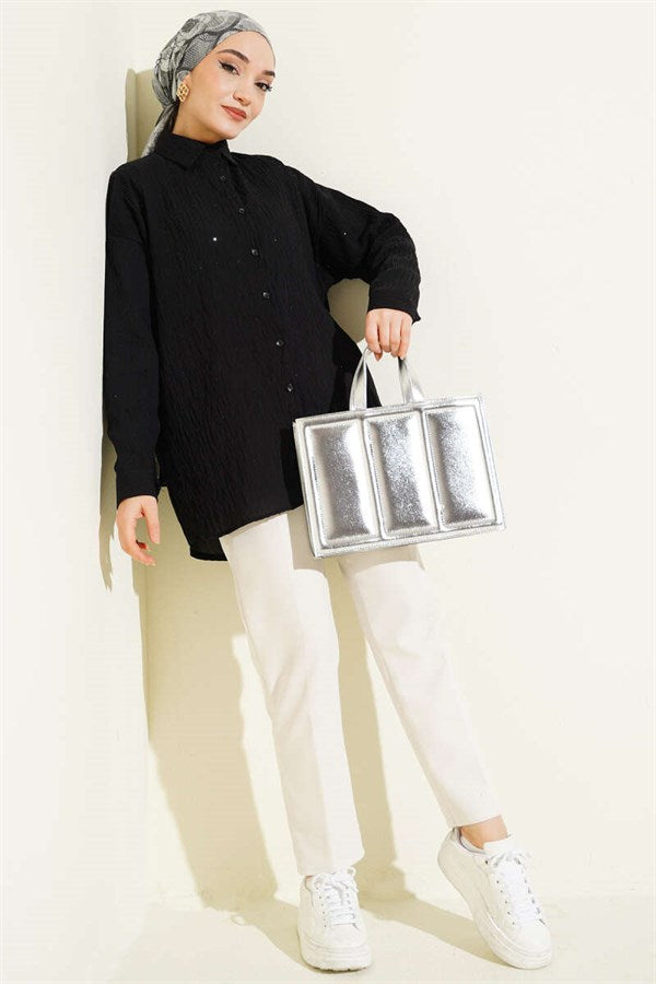 Striped Sequin Oversize Shirt Black