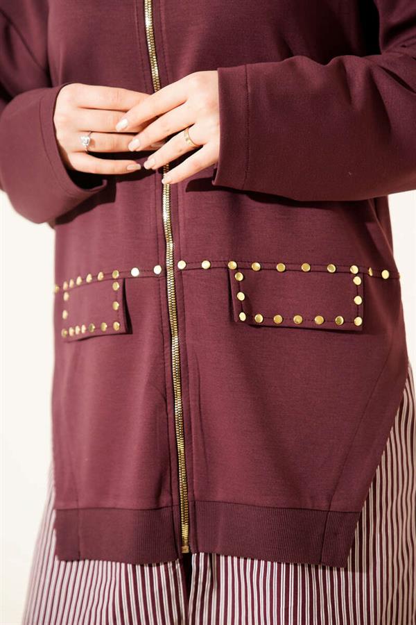 Striped Trimmed Staple Detail Two-Piece Set, Plum