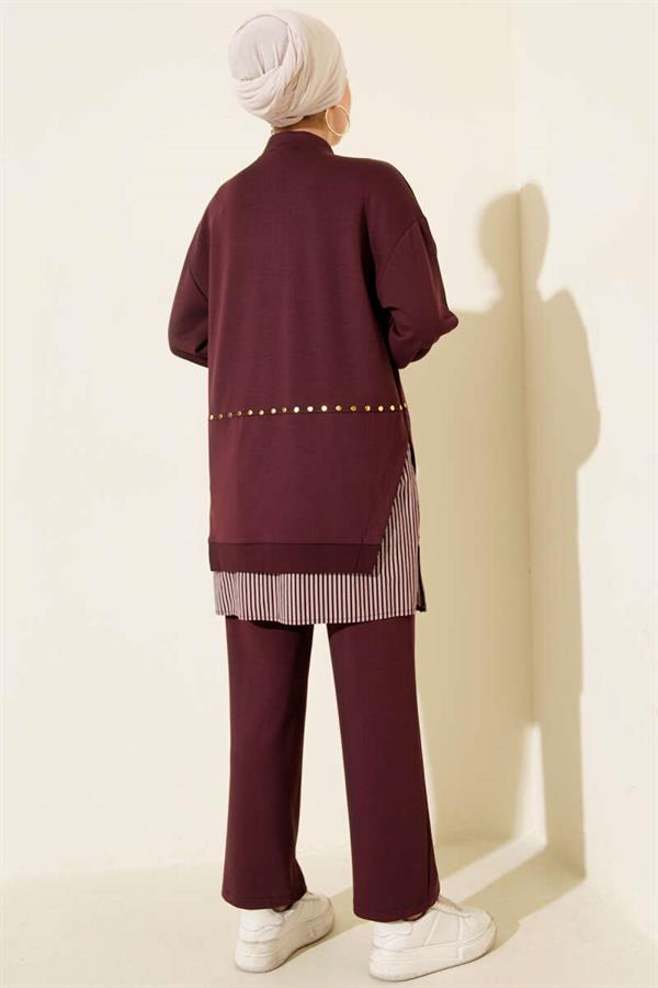Striped Trimmed Staple Detail Two-Piece Set, Plum