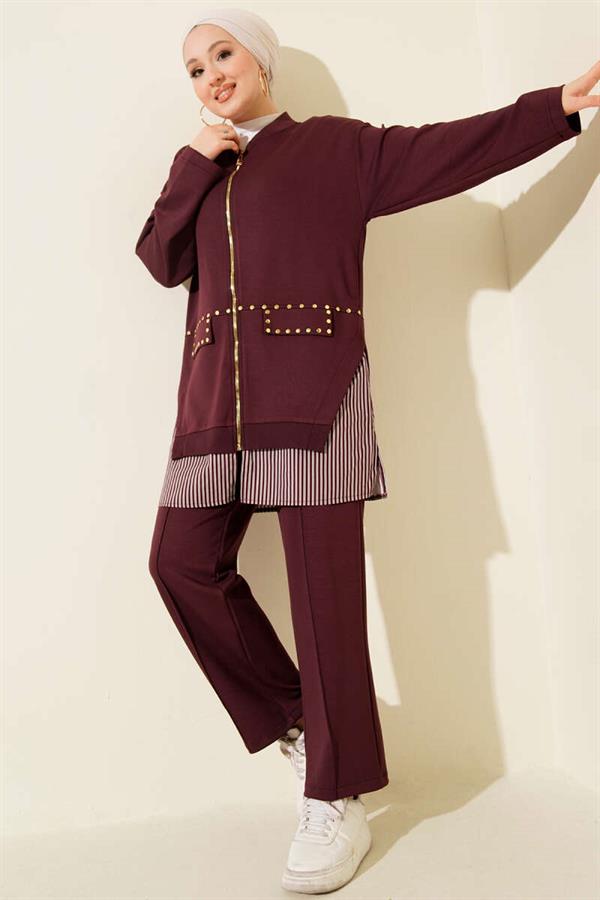 Striped Trimmed Staple Detail Two-Piece Set, Plum