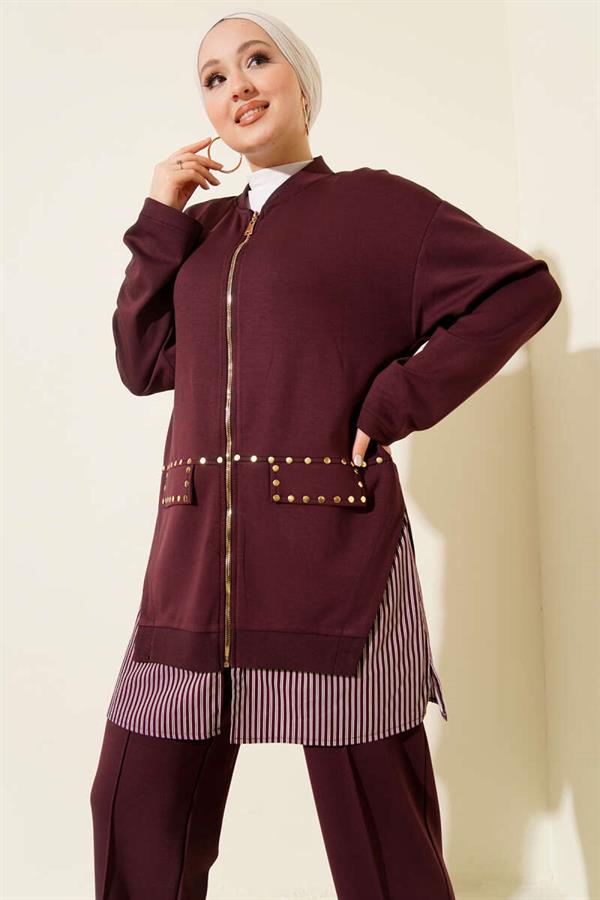 Striped Trimmed Staple Detail Two-Piece Set, Plum