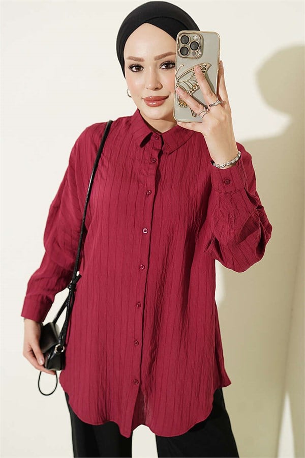 Basic Shirt with Embossed Stripe, Burgundy